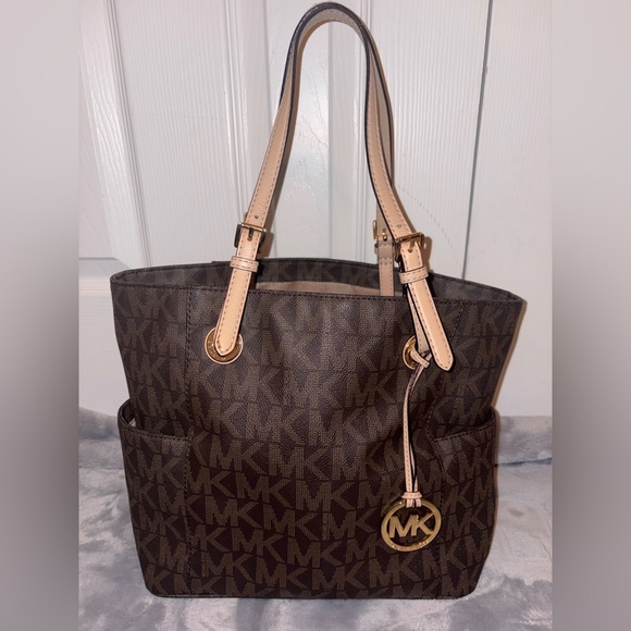 Michael Kors Handbags - Michael Kors Signature Jet Set Tote Brown Large Monogram Bag